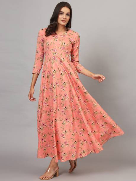 Dhakre fashion Women Floral Print Viscose Rayon Anarkali Kurta (Pink)