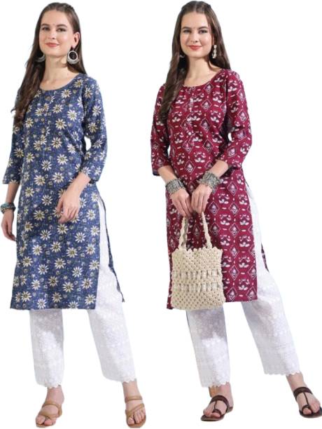 Pack of 2 Women Floral Print Cotton Blend Straight Kurta Price in India