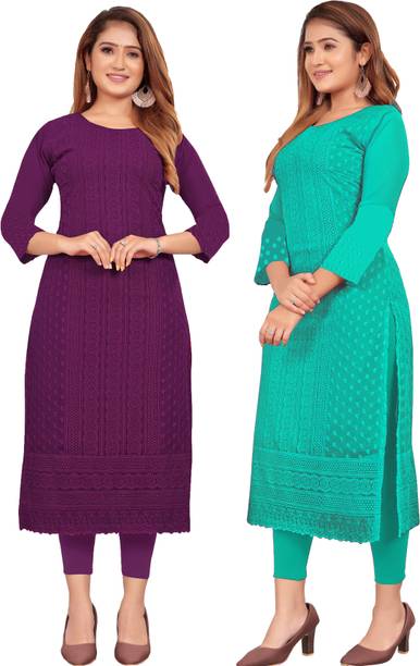 KAYRAAH Pack of 2 Women Chikan Embroidery Georgette Straight Kurt