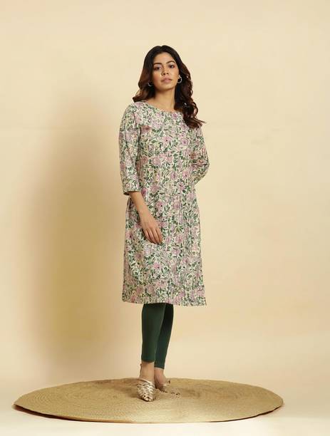Floral Print Cotton Blend A-line Kurta for Women