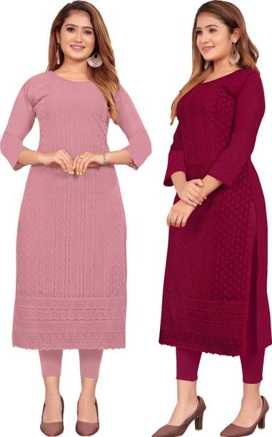 Pack of 2 Women Self Design Georgette Straight Kurta