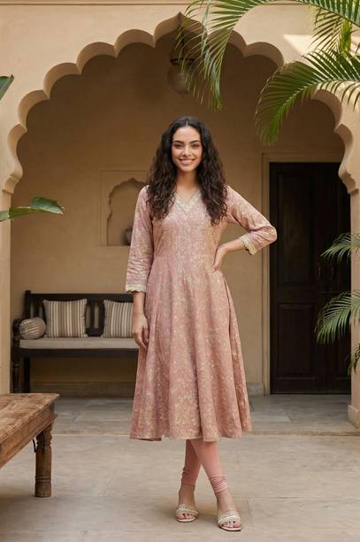 Floral Print Viscose Rayon Flared Kurta for Women