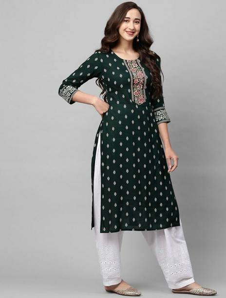 SAMOTA CREATION Women Printed Viscose Rayon Straight Kurta (Green