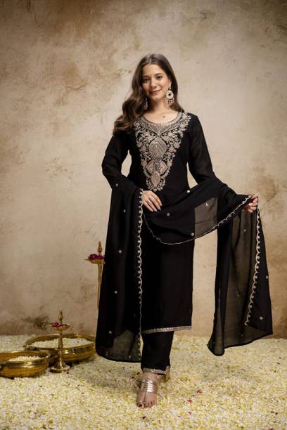 Embroidered, Embellished, Solid Pure Silk Straight Kurta for Women With Attached Dupatta