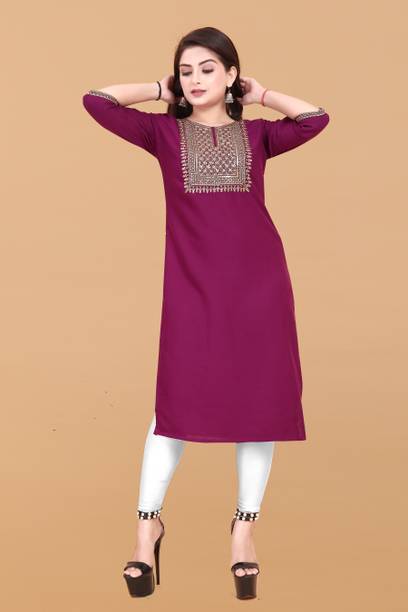 KNG TEXTILE Women Embroidered Viscose Rayon A-line Kurta (Purple)