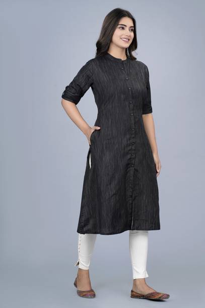 heartloom Women Solid Cotton Blend A-line Kurta (Black, White)