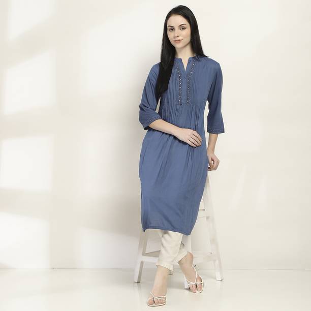 RANGRITI Solid Viscose Rayon Flared Kurta for Women Blue