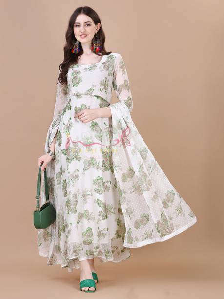 Women Floral Print Georgette Anarkali Kurta With Attached Dupatta
