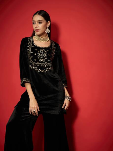 Shae by SASSAFRAS Embroidered Velvet Flared Kurta for Women Black
