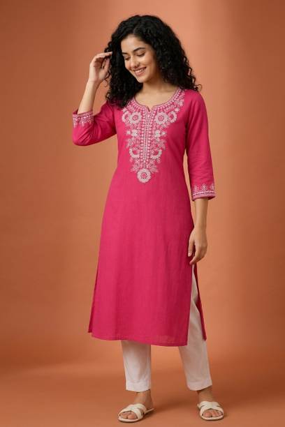 Women Embroidered Cotton Rayon Straight Kurta