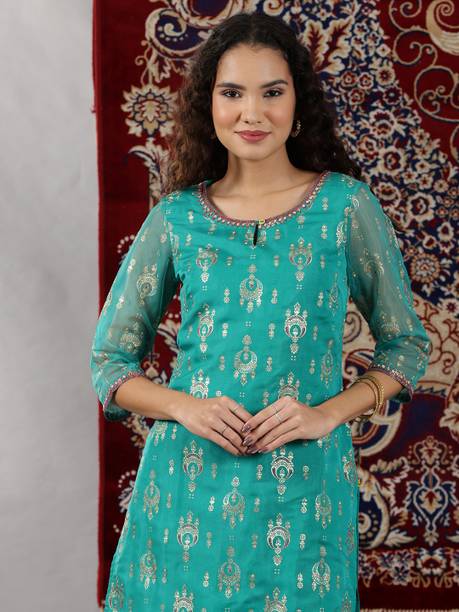 Women Abstract Organza Straight Kurta