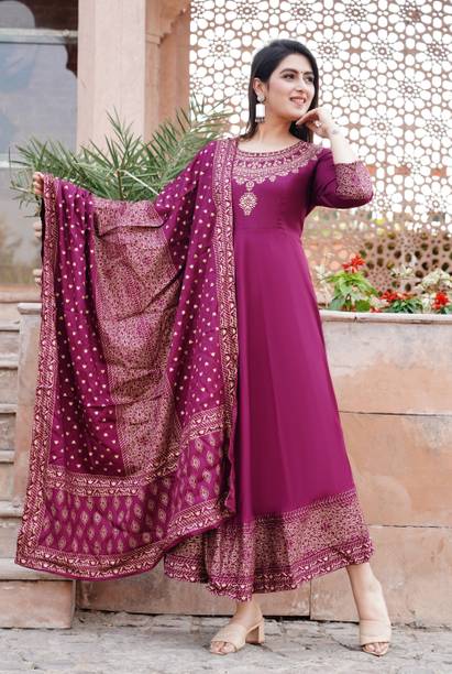 SkyAsia Women Printed Pure Cotton Anarkali Kurta With Attached Du