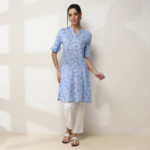 RANGRITI Floral Print Viscose Rayon Straight Kurta for Women Blue