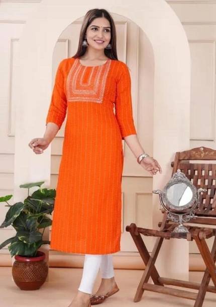 ANGELINO Women Printed Viscose Rayon Straight Kurta (Orange)