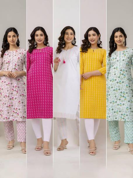 Pack of 5 Women Floral Print, Embroidered, Printed, Self Design, Patchwork Pure Cotton, Cotton Blend A-line Kurta