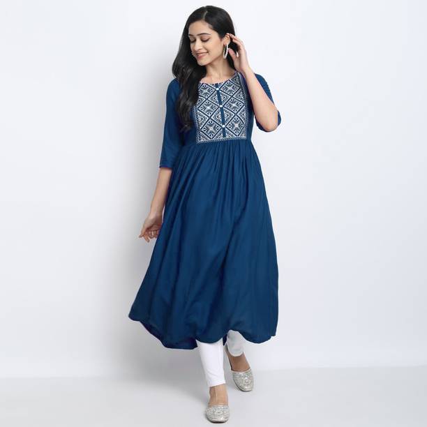 FASHION PATTI Women Embroidered Viscose Rayon Flared Kurta (Blue)