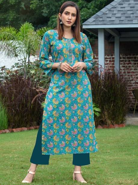 RR SA KURTIS Women Printed Cotton Blend Straight Kurta (Blue)