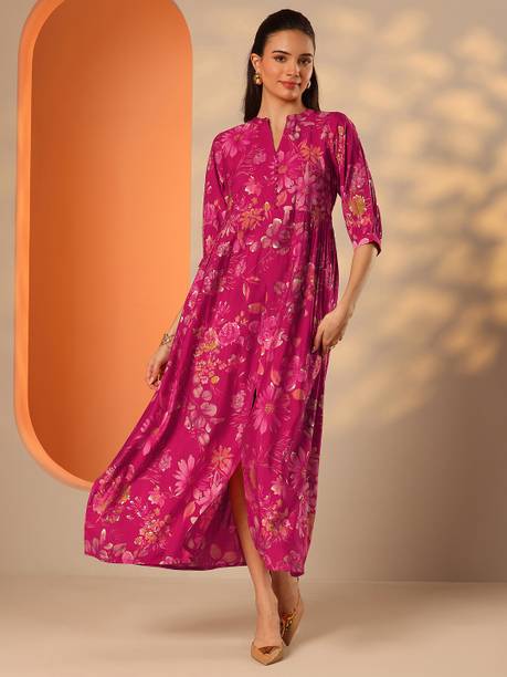LIBAS Printed Silk Blend Flared Kurta for Women Pink