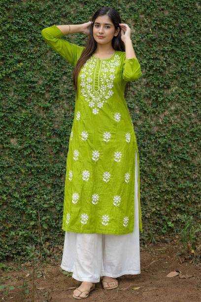 Chikan Embroidery Viscose Rayon Straight Kurta for Women