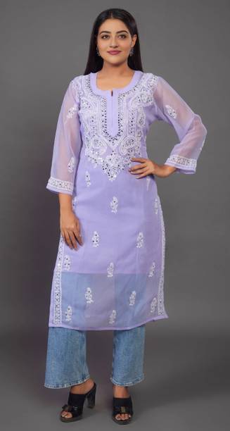 ElegantFashion Women Chikan Embroidery Georgette A-line Kurta (Pu