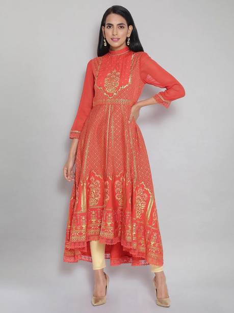 Women Embroidered, Printed Polyester Flared Kurta