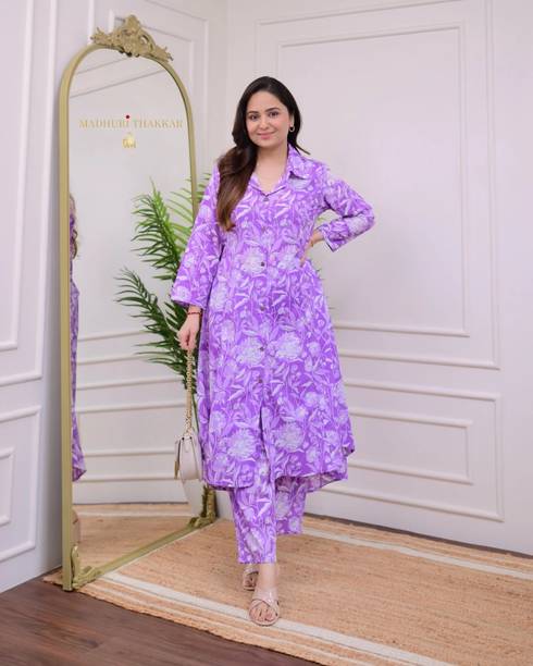 Kharoliya Women Floral Print Viscose Rayon High Low Kurta (Purple)