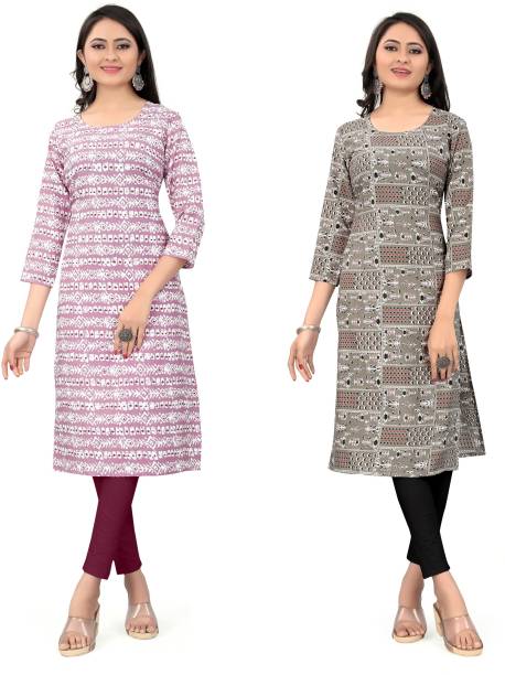 Pack of 2 Women Printed Polyester Straight Kurta Price in India