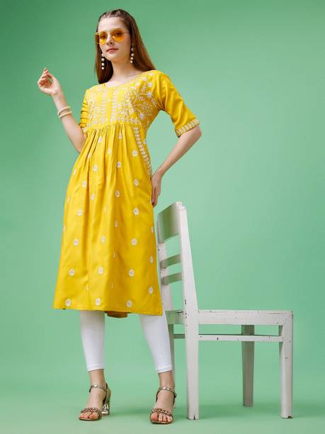 Ladylaz Women Chikan Embroidery A-line Kurta