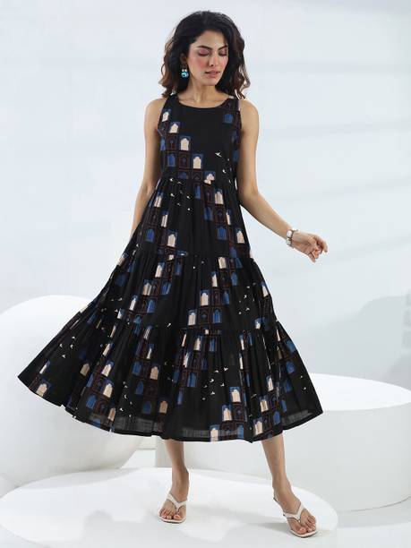 LIBAS Printed Cotton Blend Flared Kurta for Women Black
