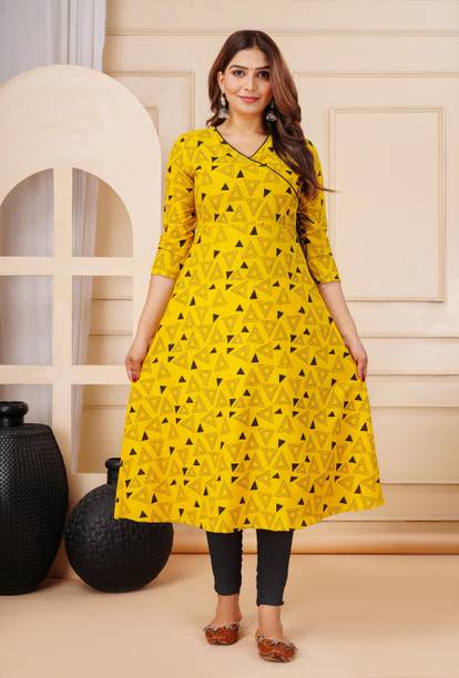 VANKAR Women Printed Pure Cotton Flared Kurta (Yellow)