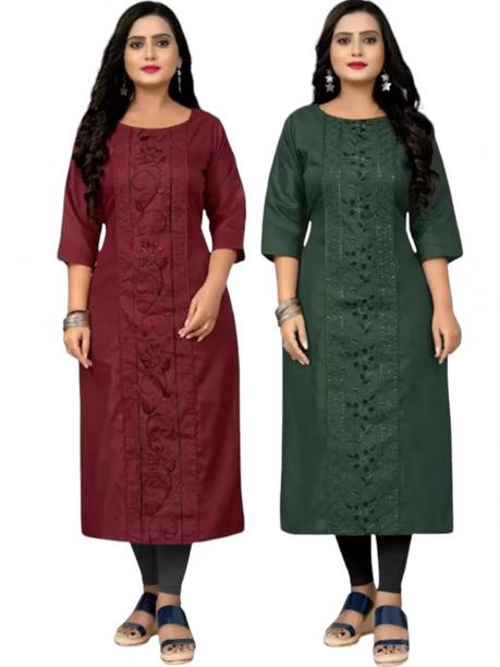 Pack of 2 Embroidered Cotton Blend A-line Kurta for Women