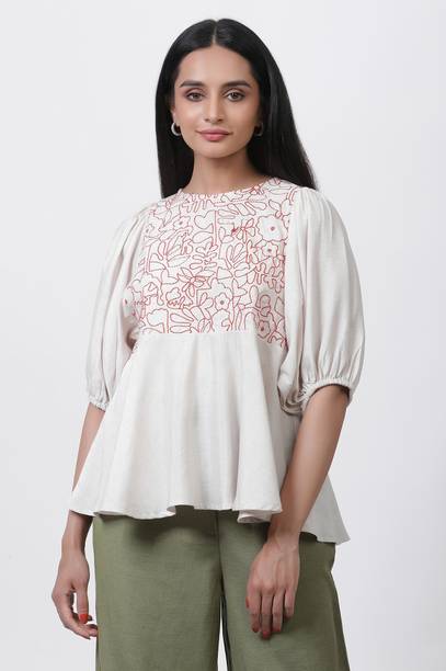 Casual Puff Sleeves Embroidered Women White, Brown Top