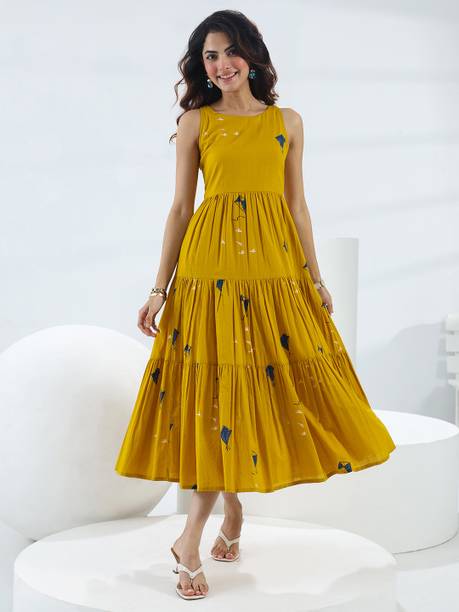 LIBAS Printed Cotton Blend Flared Kurta for Women Yellow