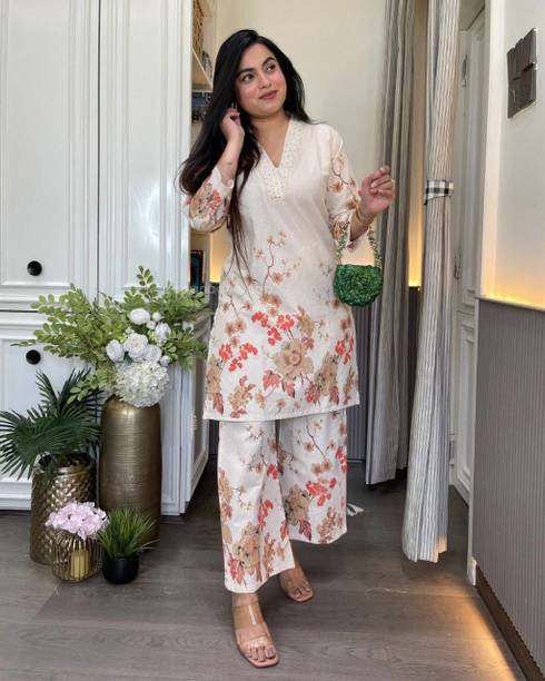 Pack of 2 Floral Print, Printed Cotton Linen Straight Kurta for Women