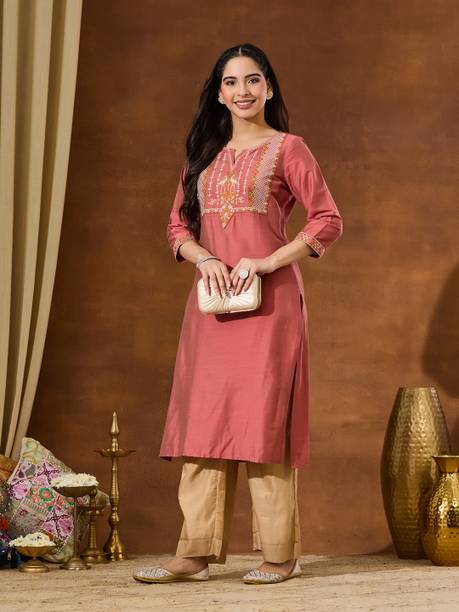 Embroidered Dupion Silk Straight Kurta for Women