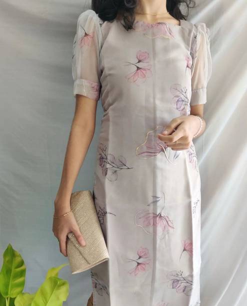 bosaru Women Floral Print Organza Straight Kurta (Grey)