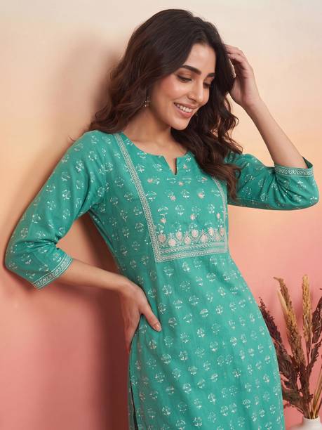 Embroidered Cotton Blend Straight Kurta for Women