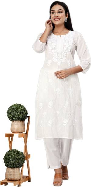 pesas Women Self Design, Chikan Embroidery Pure Cotton Straight K