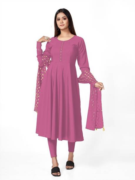Diamoon Women Solid Crepe Anarkali Kurta With Attached Dupatta (P