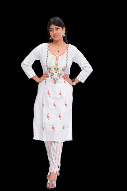 Embroidered Cotton Blend A-line Kurta for Women