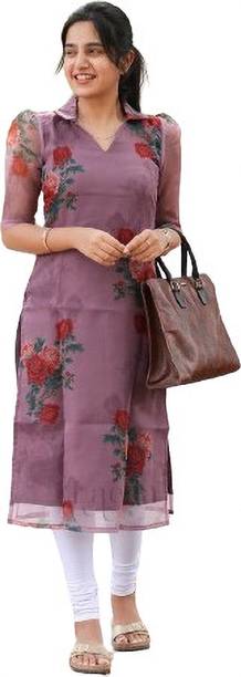 Varshvika Women Printed Organza Straight Kurta (Purple)