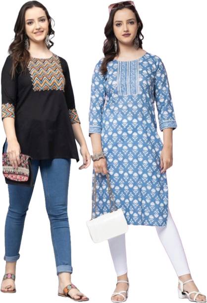 Pack of 2 Women Floral Print Pure Cotton Straight Kurta Price in India