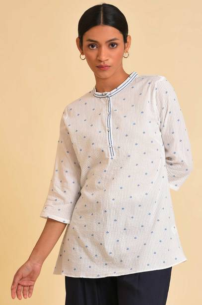 Women South Cotton Printed Square Neck Tunic Top with Tassel Sleeve Detail for Casual