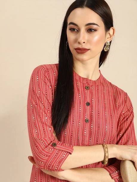Isha e Kart Women Printed Viscose Rayon A-line Kurta (Red)