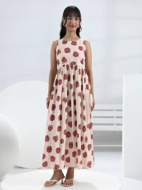 LIBAS Printed Cotton Blend Flared Kurta for Women White