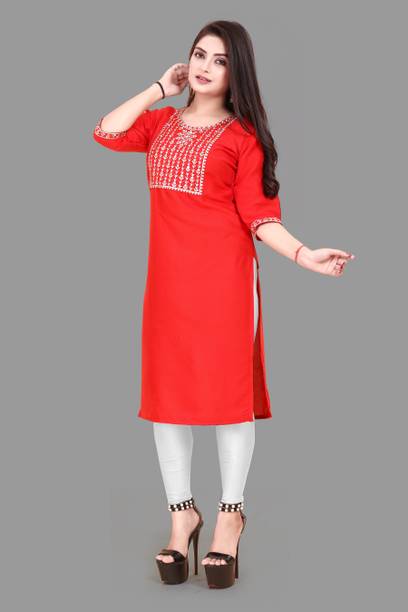 TITHIGARMENTS Women Embroidered Viscose Rayon A-line Kurta (Red)