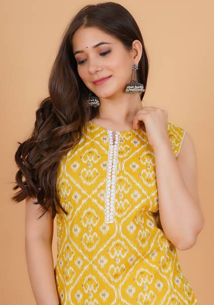 Rimeline Fashion Women Printed Pure Cotton Straight Kurta (Yellow