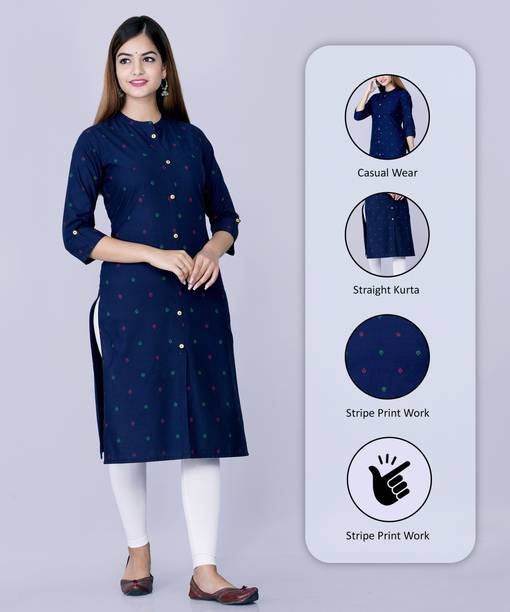 Glowworld Women Printed Pure Cotton Straight Kurta (Blue)