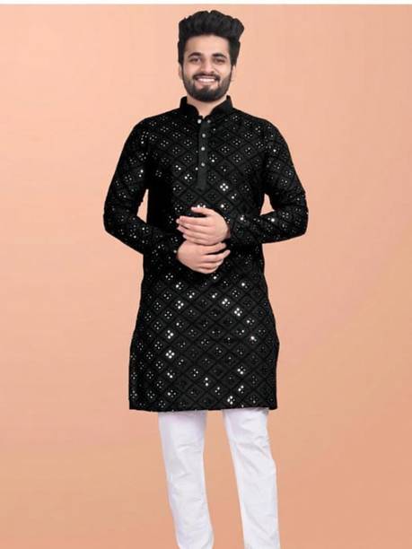 Self Design Cotton Blend Straight Kurta for Men