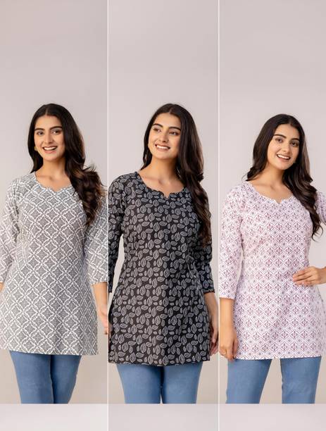 Pack of 3 Printed Pure Cotton Straight Kurta for Women